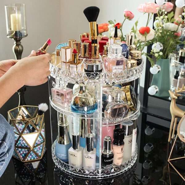 360 Rotating Adjustable Acrylic Diamond-shaped Edged Makeup Organizer - Image 2