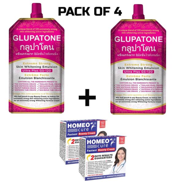 (PACK OF 4) 2 x Glupatone Extreme Strong Whitening Emulsion + 2 Homeo Cure Beauty Creams