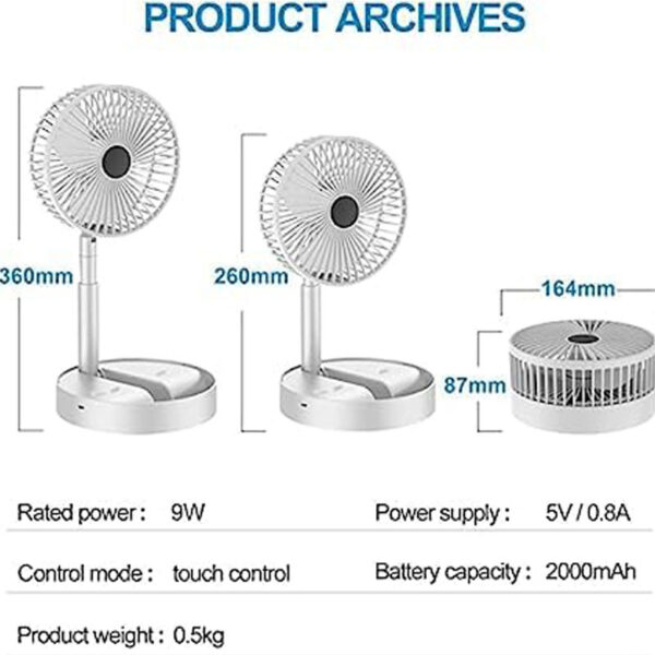 Foldable USB Rechargeable 3 Speed And Height Adjustable Desk Fan - Image 6