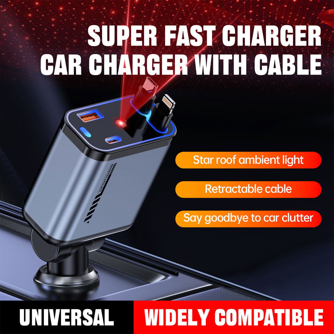 120W Retractable Car Charger (Type-C & iPhone) 4-in-1 Fast Charging With Starry Ambiant Light - Image 4