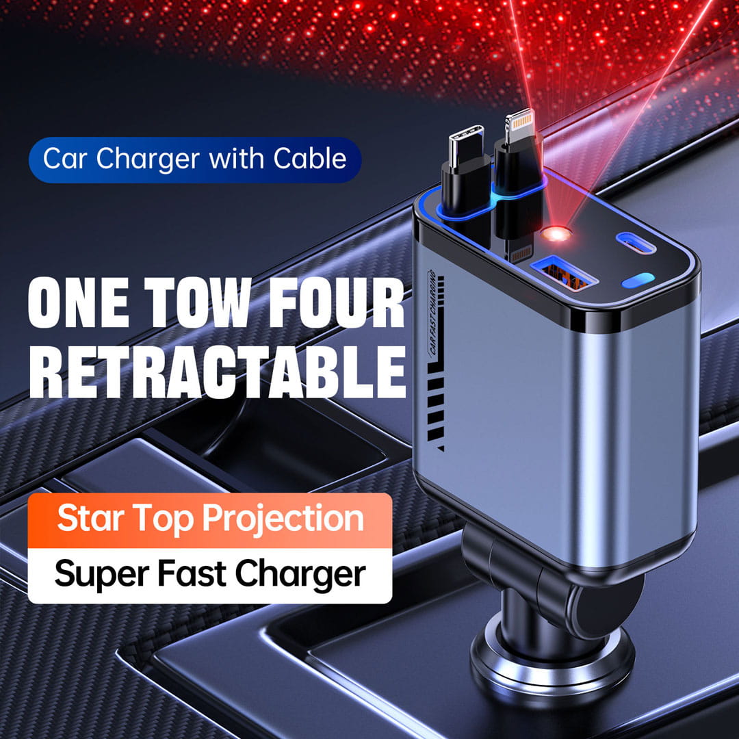 120W Retractable Car Charger (Type-C & iPhone) 4-in-1 Fast Charging With Starry Ambiant Light - Image 5