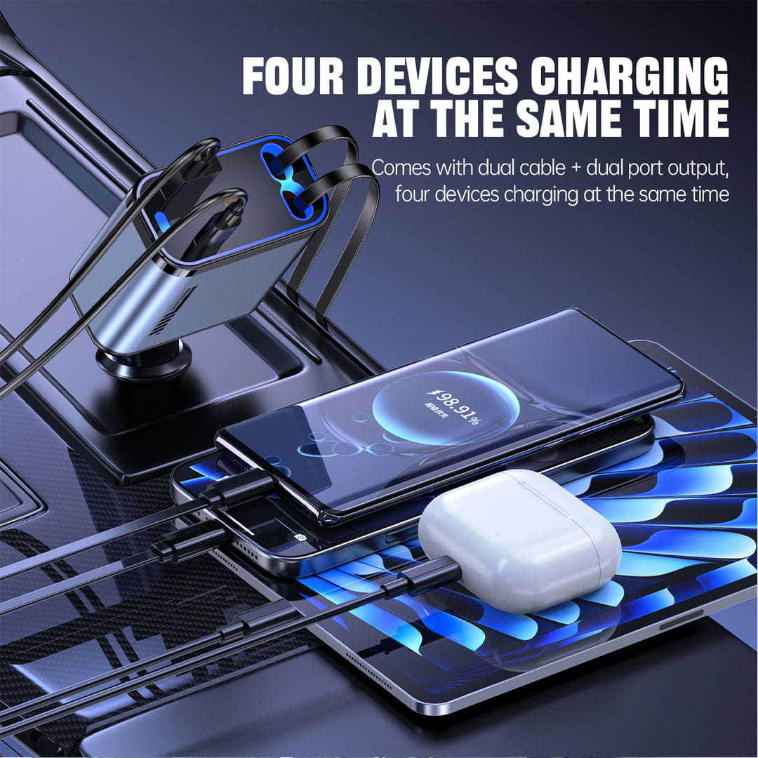 120W Retractable Car Charger (Type-C & iPhone) 4-in-1 Fast Charging With Starry Ambiant Light - Image 2