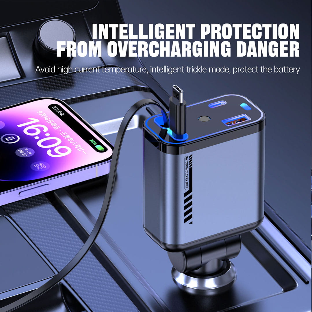 120W Retractable Car Charger (Type-C & iPhone) 4-in-1 Fast Charging With Starry Ambiant Light - Image 3