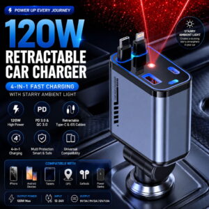 120W Retractable Car Charger (Type-C & iPhone) 4-in-1 Fast Charging With Starry Ambiant Light