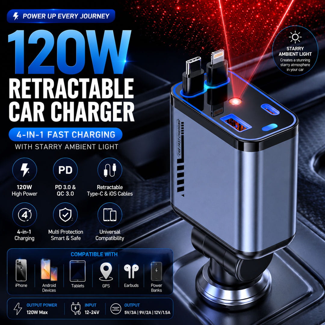 120W Retractable Car Charger (Type-C & iPhone) 4-in-1 Fast Charging With Starry Ambiant Light
