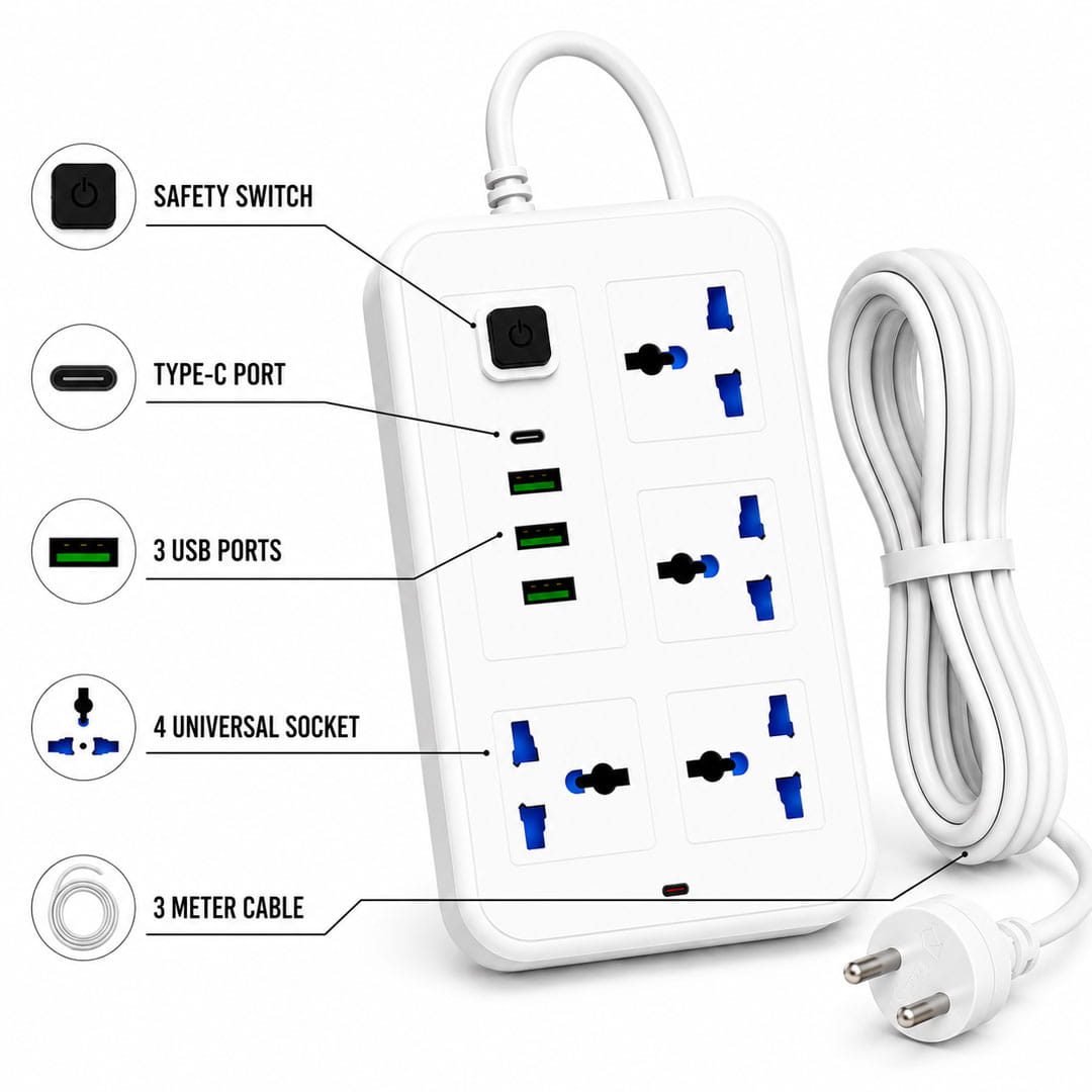 Premium 4 Universal Socket Extension Board With 3 USB Ports, Type-C Port & 3 Meter Cable - Image 2