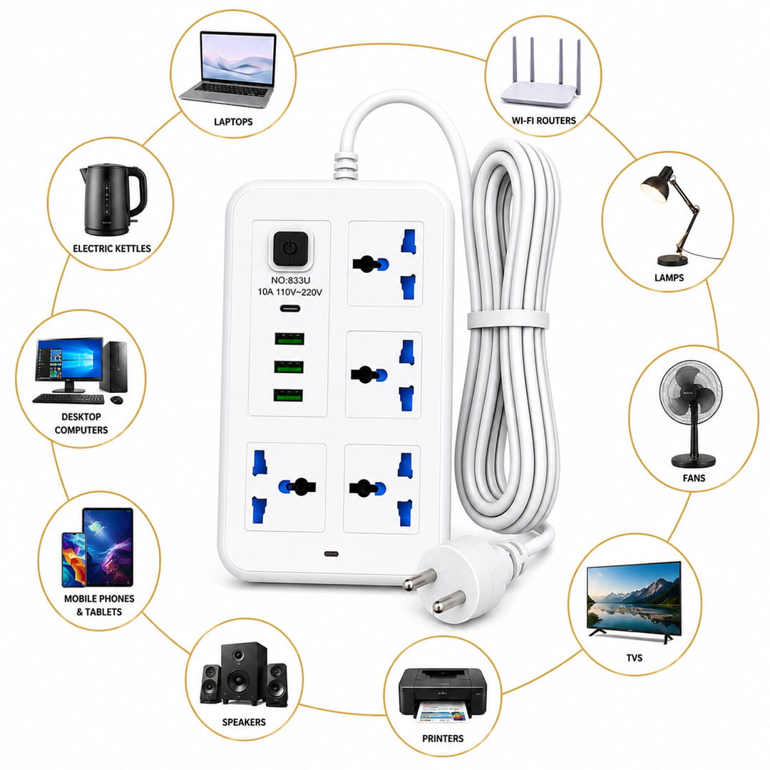Premium 4 Universal Socket Extension Board With 3 USB Ports, Type-C Port & 3 Meter Cable - Image 3